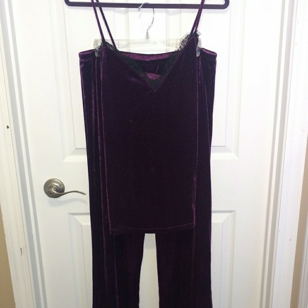 Purple Velour Pajama Set with black lace trim